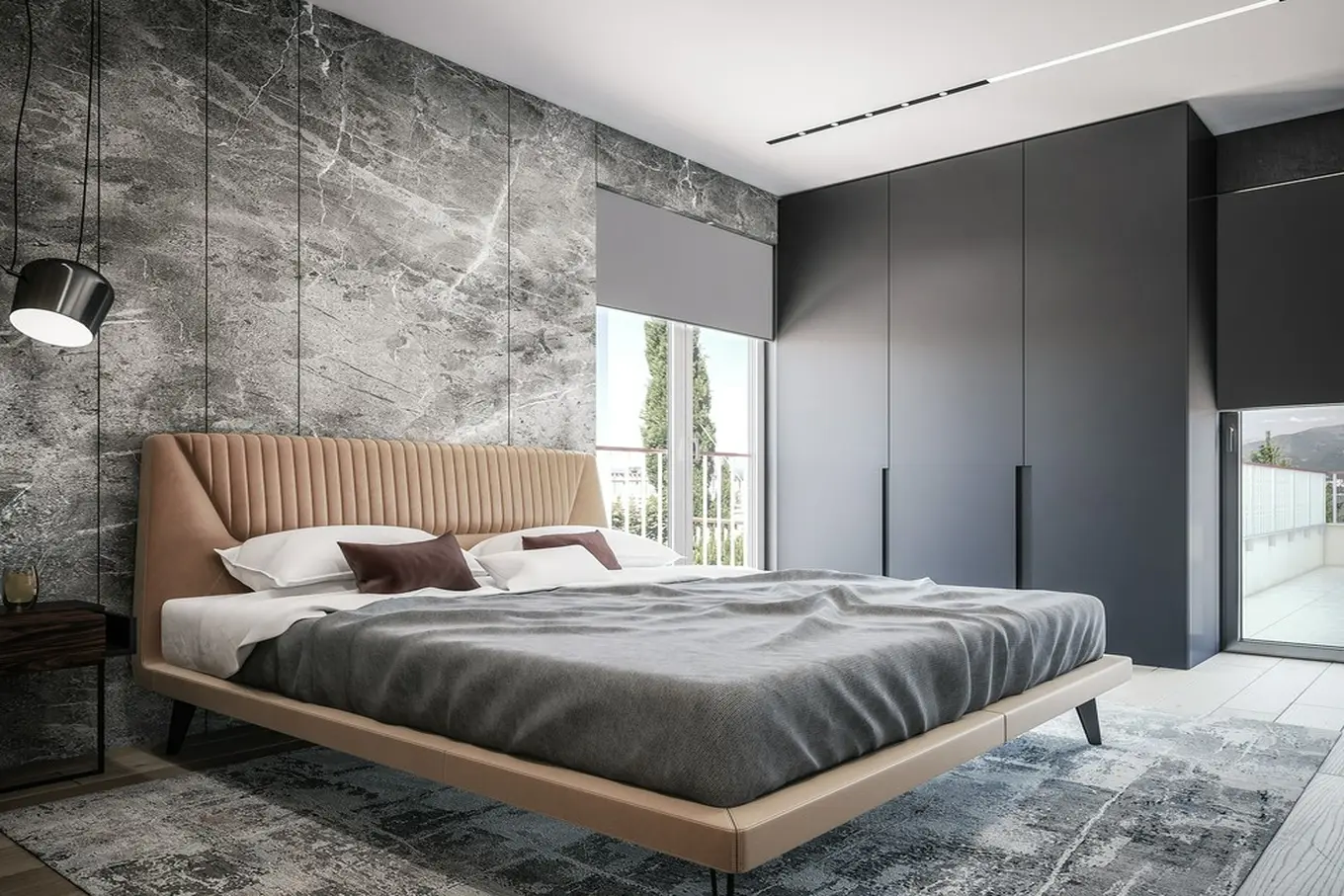 sypialnia z płyt betonowych na ścianie